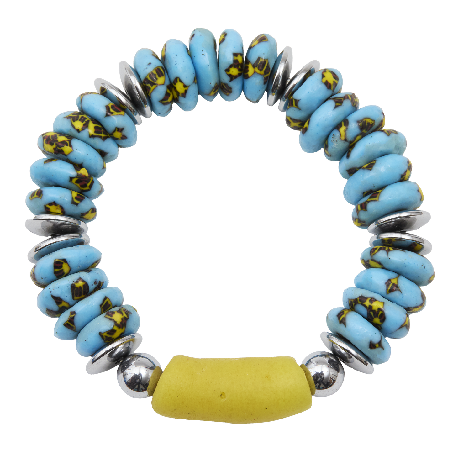 Bracelet with blue beads, silver accents, and a yellow bead on a white background