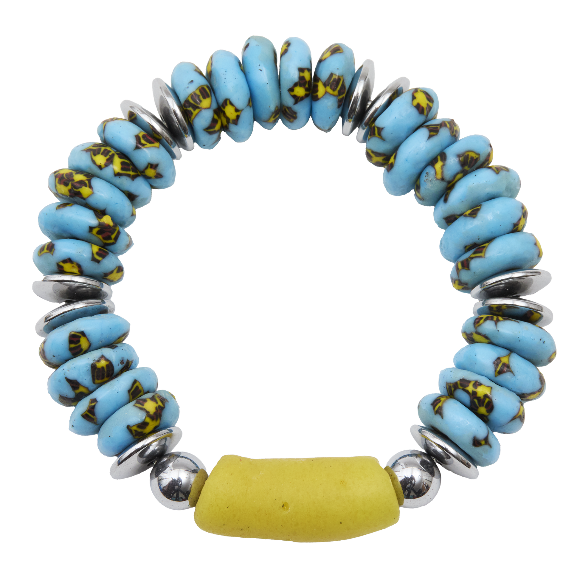 Bracelet with blue beads, silver accents, and a yellow bead on a white background