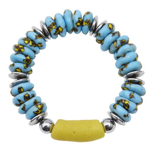 Bracelet with blue beads, silver accents, and a yellow bead on a white background